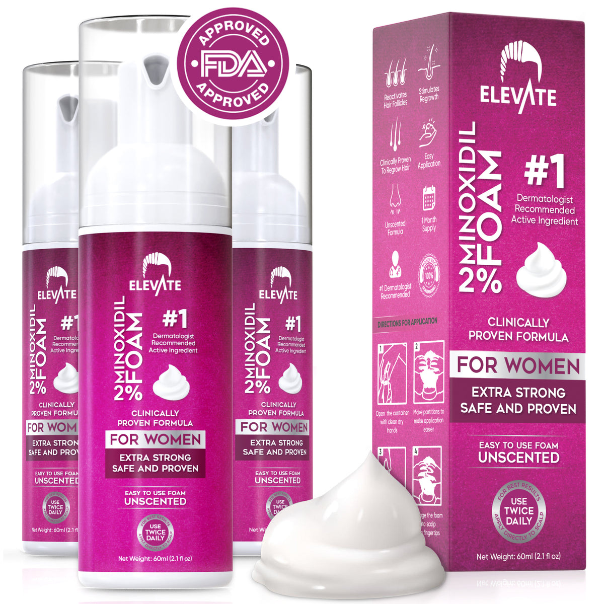 Elevate 2% Minoxidil Foam for Women – Gentle Hair Regrowth Treatment | Fast-Drying Foam for Thinning Hair