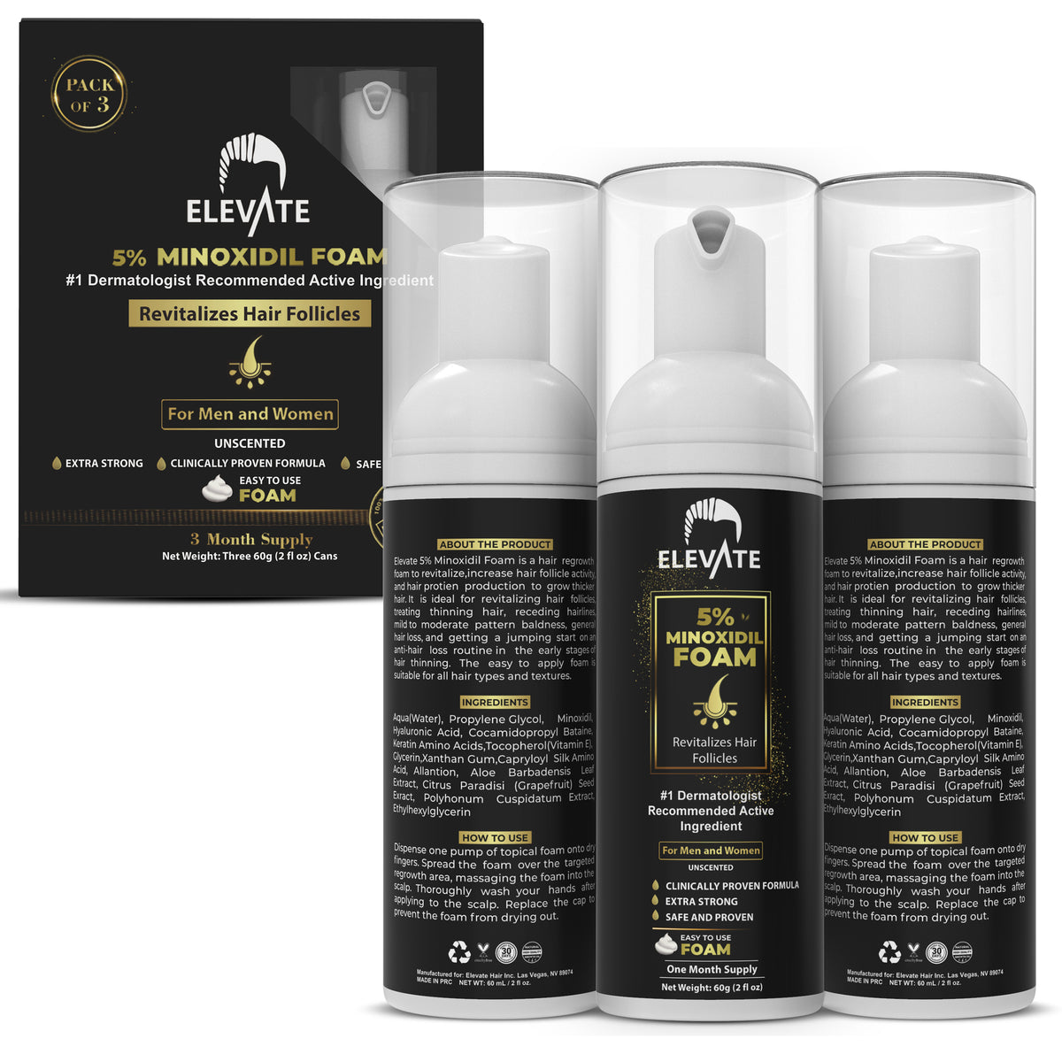 Elevate 5% Minoxidil Foam – Clinically Proven Hair Regrowth Treatment – Fast-Drying, No Mess, Ideal for Sensitive Scalp – For Men & Women