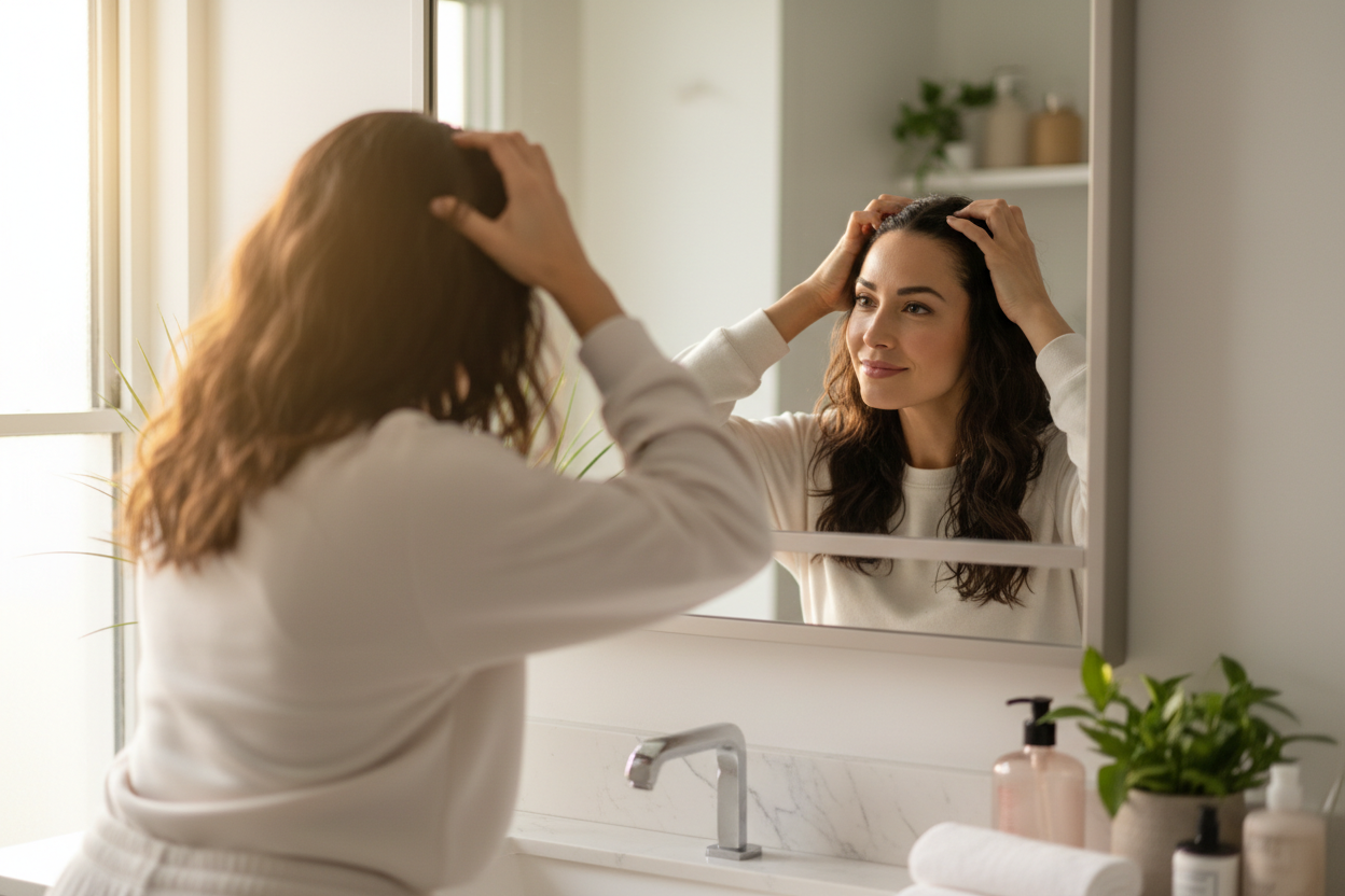 a female applying hair growth oil looking into a mirror. please do not show the bottle or brand of the oil. Many people struggle with hair loss and the frustration it brings. This innovative solution promotes natural and healthy hair growth, giving you the confidence you deserve.