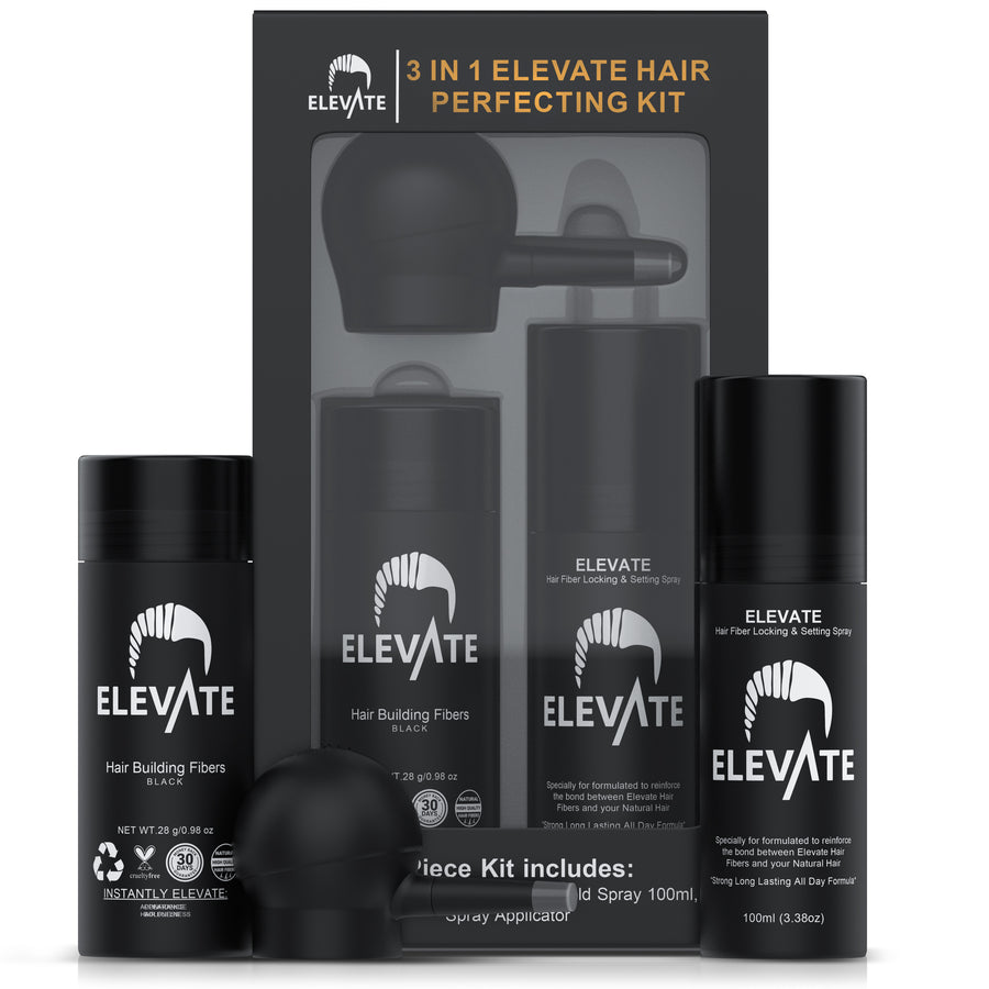 ELEVATE Hair Perfecting 3-in-1 Kit Set Includes Natural Hair Thickening Fibers & Spray Applicator Pump Nozzle & Locking Setting Hold Hair Spray | Instantly Conceal Balding Hair Areas