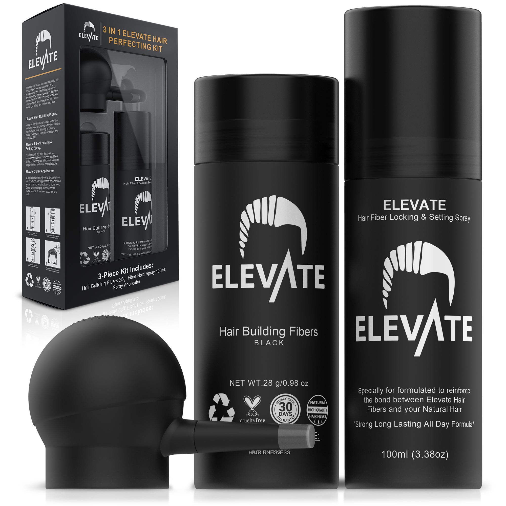 ELEVATE Hair Perfecting 3-in-1 Kit Set Includes Natural Hair Thickening Fibers & Spray Applicator Pump Nozzle & Locking Setting Hold Hair Spray | Instantly Conceal Balding Hair Areas
