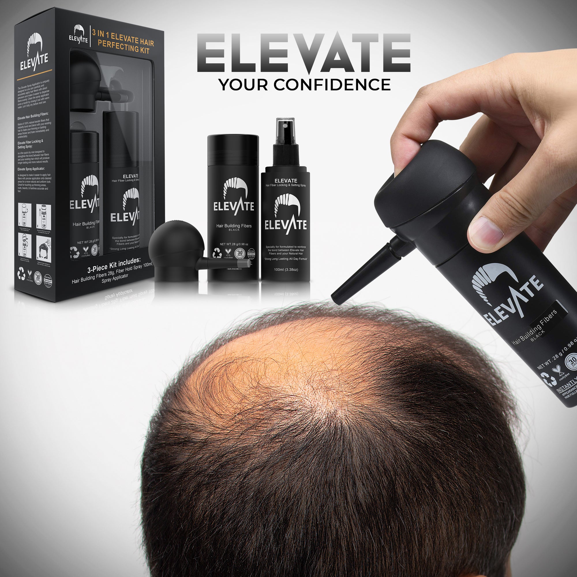 ELEVATE Hair Perfecting 3-in-1 Kit Set Includes Natural Hair Thickening Fibers & Spray Applicator Pump Nozzle & Locking Setting Hold Hair Spray | Instantly Conceal Balding Hair Areas