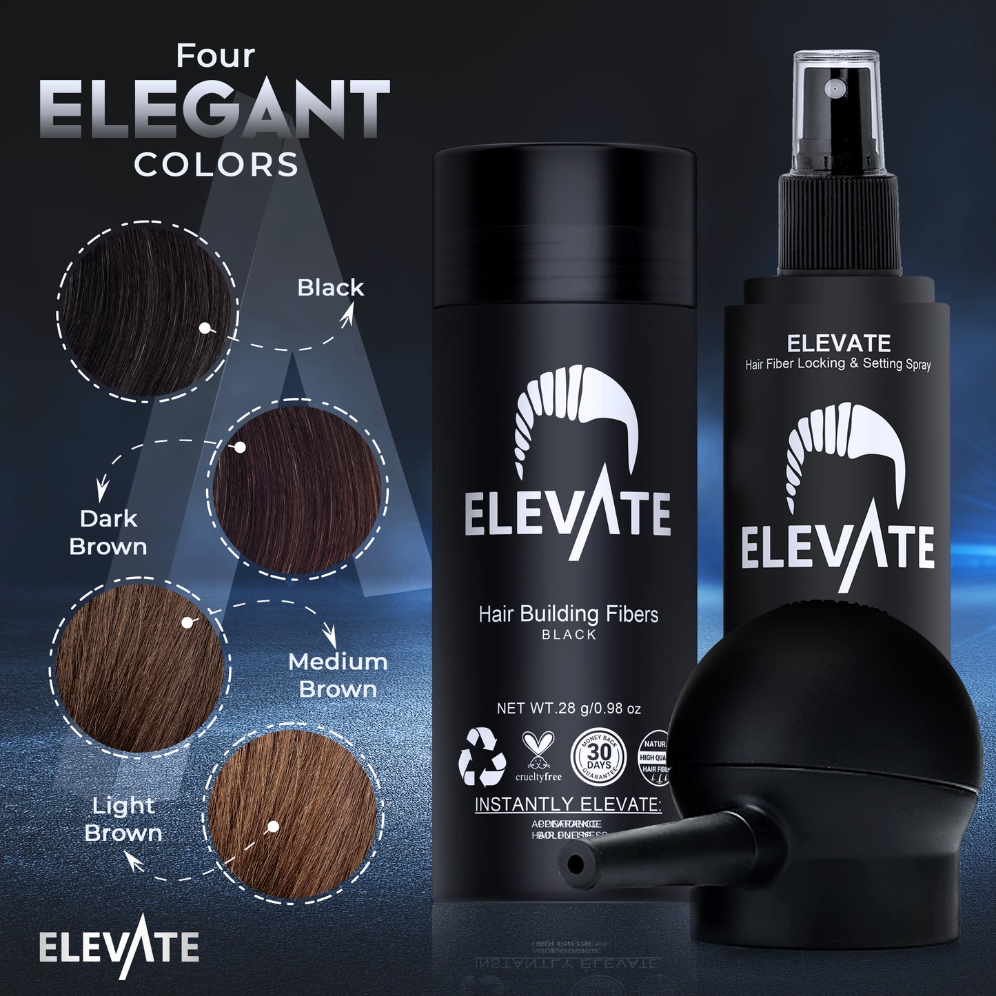 ELEVATE Hair Perfecting 3-in-1 Kit Set Includes Natural Hair Thickening Fibers & Spray Applicator Pump Nozzle & Locking Setting Hold Hair Spray | Instantly Conceal Balding Hair Areas