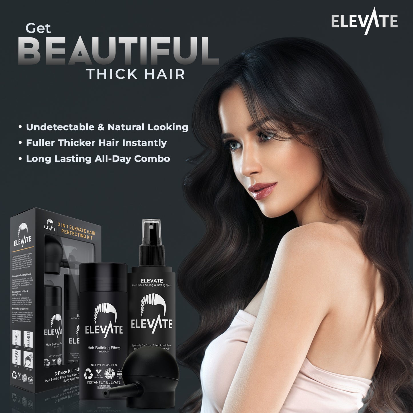 ELEVATE Hair Perfecting 3-in-1 Kit Set Includes Natural Hair Thickening Fibers & Spray Applicator Pump Nozzle & Locking Setting Hold Hair Spray | Instantly Conceal Balding Hair Areas
