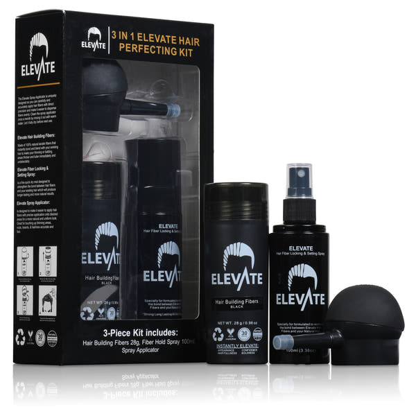 ELEVATE Hair Perfecting 3-in-1 Kit Set Includes Natural Hair Thickening Fibers & Spray Applicator Pump Nozzle & Locking Setting Hold Hair Spray | Instantly Conceal Balding Hair Areas