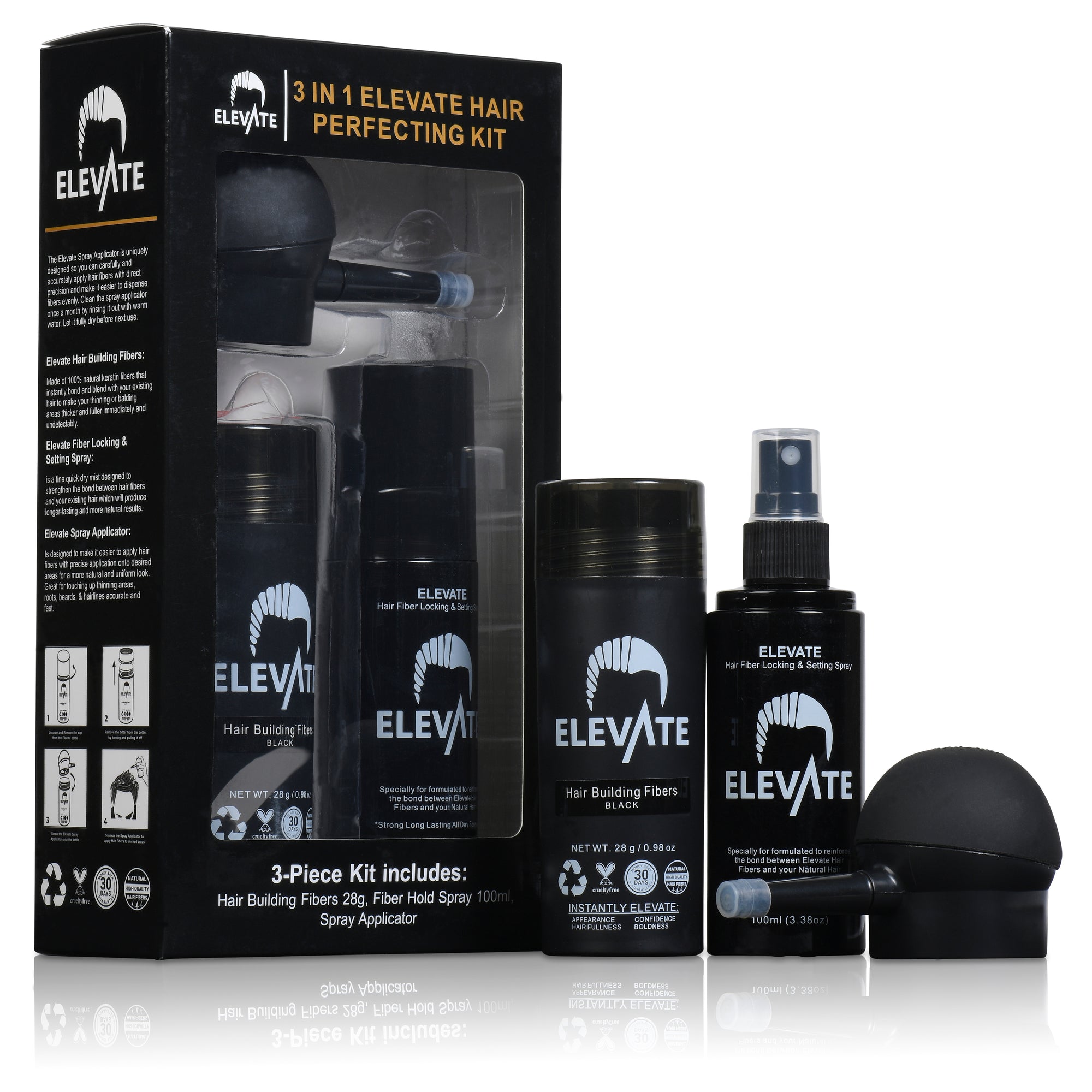 ELEVATE Hair Perfecting 3-in-1 Kit Set Includes Natural Hair Thickening Fibers & Spray Applicator Pump Nozzle & Locking Setting Hold Hair Spray | Instantly Conceal Balding Hair Areas