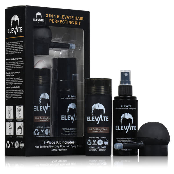 ELEVATE Hair Perfecting 3-in-1 Kit Set Includes Natural Hair Thickening Fibers & Spray Applicator Pump Nozzle & Locking Setting Hold Hair Spray | Instantly Conceal Balding Hair Areas