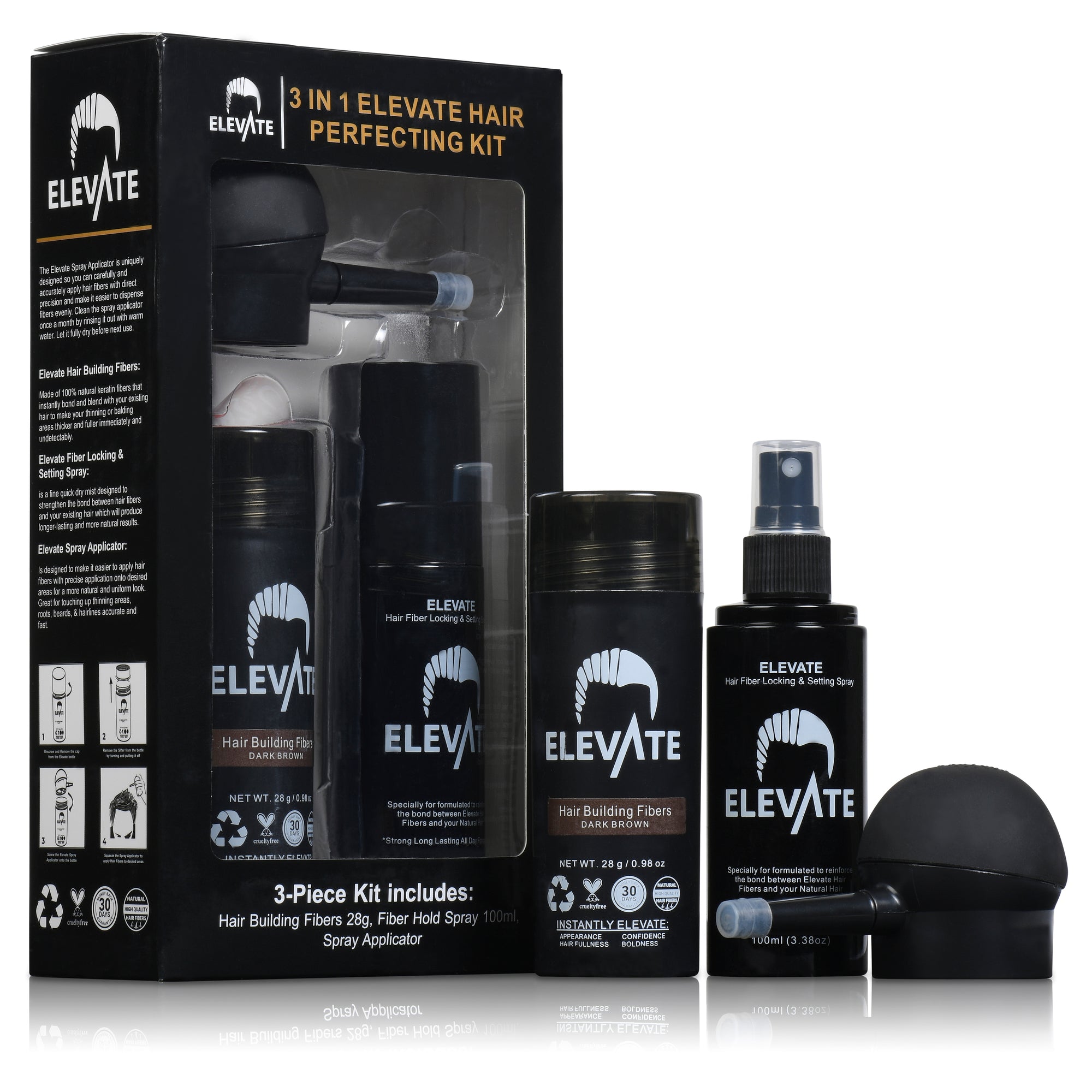 ELEVATE Hair Perfecting 3-in-1 Kit Set Includes Natural Hair Thickening Fibers & Spray Applicator Pump Nozzle & Locking Setting Hold Hair Spray | Instantly Conceal Balding Hair Areas