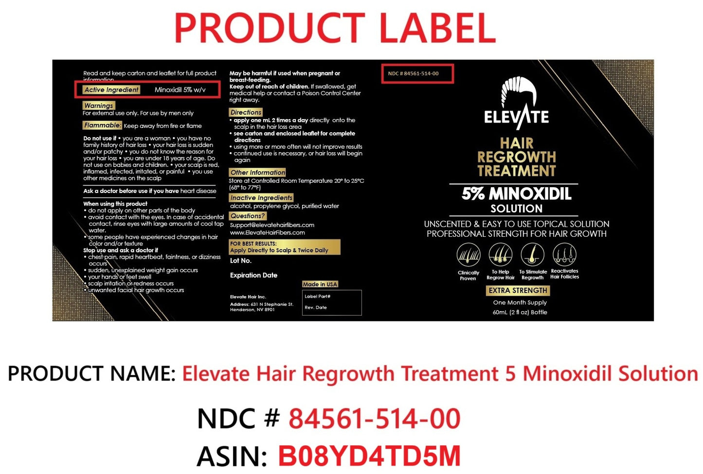 Elevate Hair Regrowth Treatment 5% Minoxidil Solution - NDC 84561-514-00