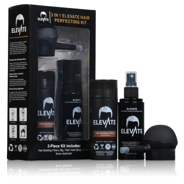 ELEVATE Hair Perfecting 3-in-1 Kit Set Includes Natural Hair Thickening Fibers & Spray Applicator Pump Nozzle & Locking Setting Hold Hair Spray | Instantly Conceal Balding Hair Areas