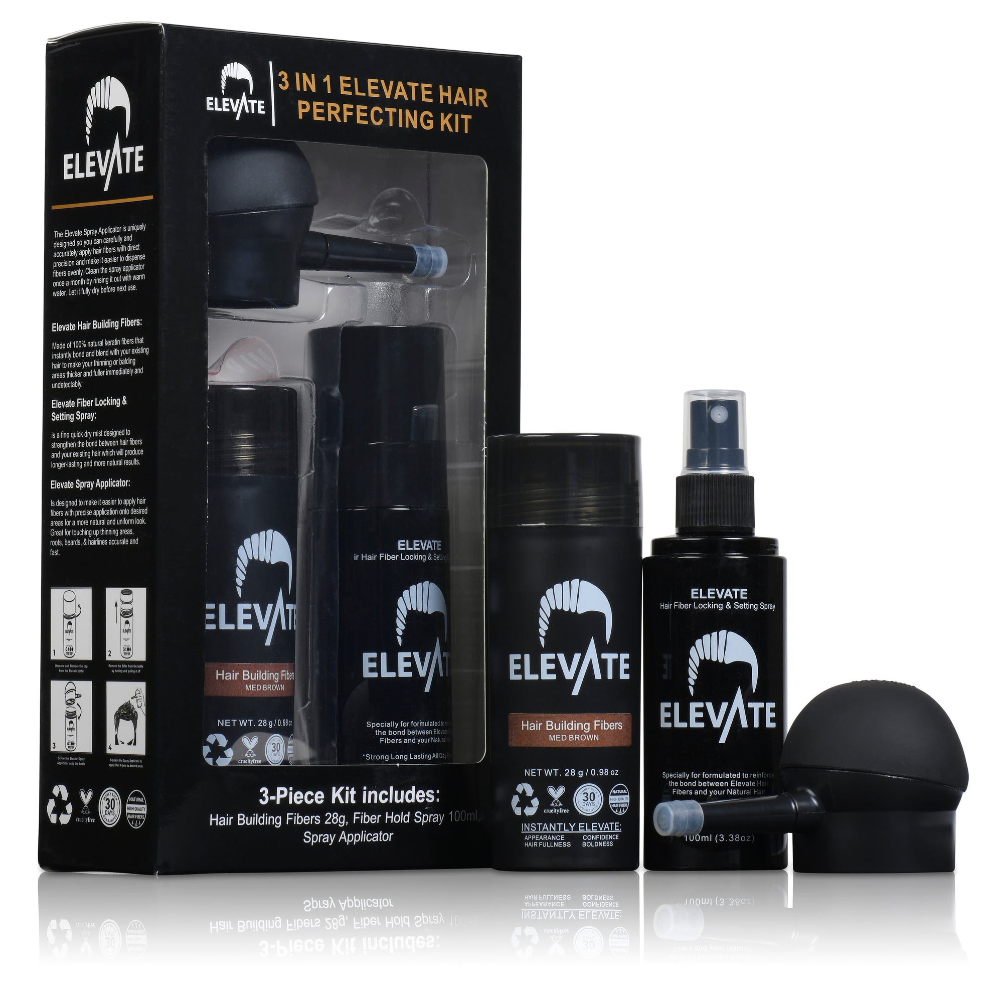ELEVATE Hair Perfecting 3-in-1 Kit Set Includes Natural Hair Thickening Fibers & Spray Applicator Pump Nozzle & Locking Setting Hold Hair Spray | Instantly Conceal Balding Hair Areas