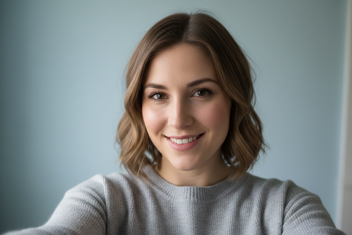 Amy selfie image to leave in product review avatar. make it realistic looking. it does not need to be perfect. any color background besides gray or white