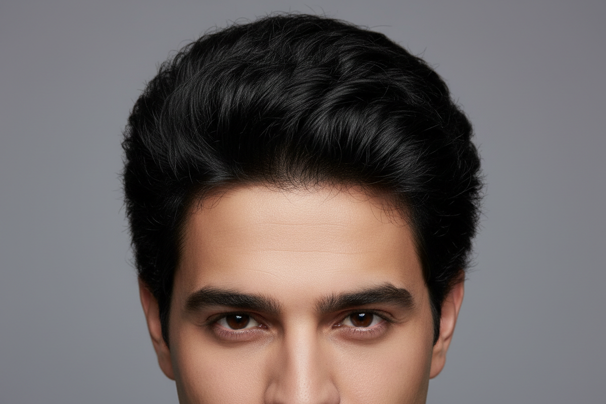 light skin middle eastern male model with a focus on hair almost like he filled in a thinning hair area with hair fibers to make it look fuller