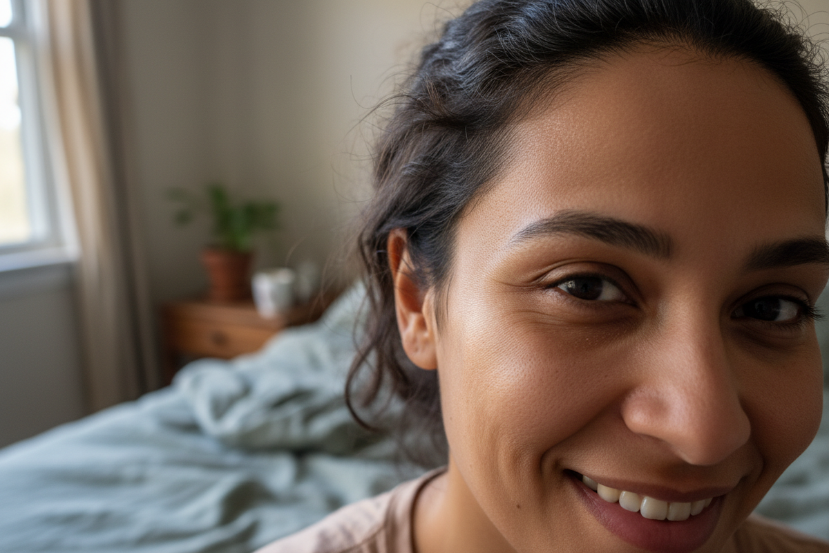 selfie-image-of-a-female-with-tan-skin-tone-do-not-use-a-white-or-gray-background-color-make-it-more-human-like-and-less-ai-quality. make the image focused around her hairline

