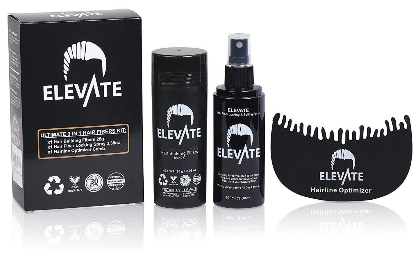 ELEVATE Hair Ultimate Perfecting 3-in-1 Kit Set Includes Hair Fibers | Locking & Setting Hold Hair Spray | Hairline Optimizer Comb