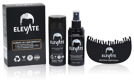 ELEVATE Hair Ultimate Perfecting 3-in-1 Kit Set Includes Hair Fibers | Locking & Setting Hold Hair Spray | Hairline Optimizer Comb