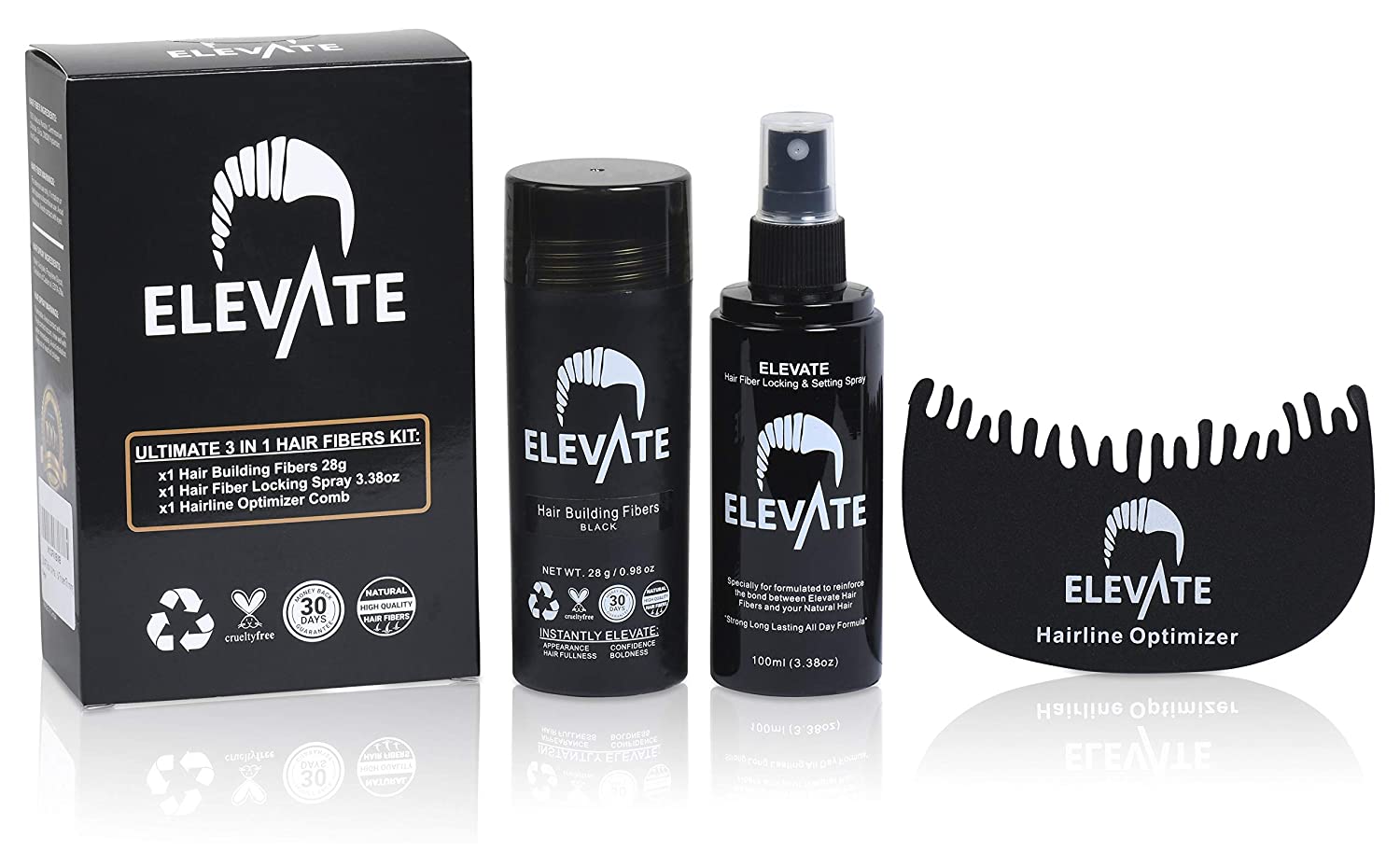 ELEVATE Hair Ultimate Perfecting 3-in-1 Kit Set Includes Hair Fibers | Locking & Setting Hold Hair Spray | Hairline Optimizer Comb