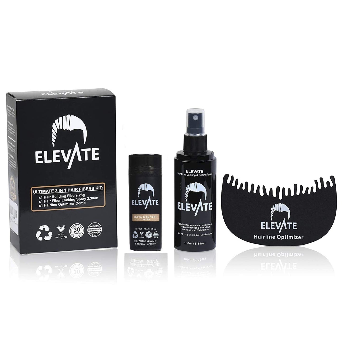 ELEVATE Hair Ultimate Perfecting 3-in-1 Kit Set Includes Hair Fibers | Locking & Setting Hold Hair Spray | Hairline Optimizer Comb